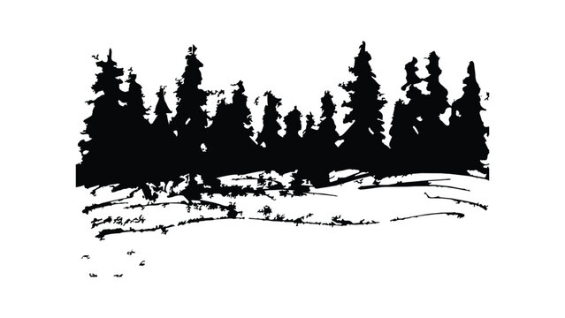 Pine forest silhouette with ground textures isolated on transparent background for design.