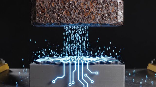 Heavy rusty metal press impacting glowing digital circuit board. Industrial machinery crushing electronics with data streams. Technology manufacturing process concept