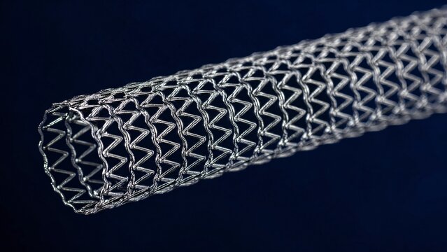Ultra-fine metallic mesh stent showing intricate lattice on dark blue background.