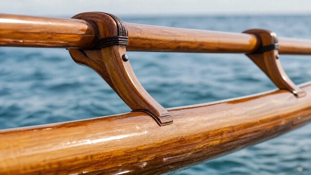 Polished wooden outrigger boom and float on a blurred ocean background.