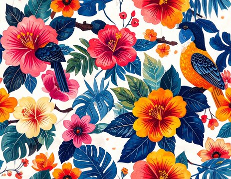 Traditional Japanese bingata stencil dyeing pattern with vivid flowers and birds