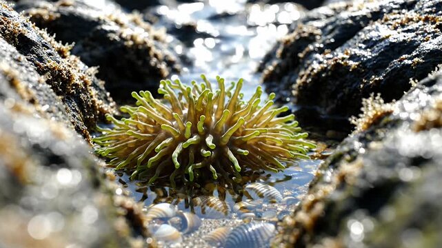 Green sea anemone tentacles under water. Small marine creature. Underwater life water creature.