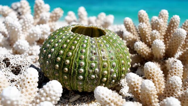 Green sea urchin shell among white coral. Spiny round skeleton. Sharp textured fossil coral.