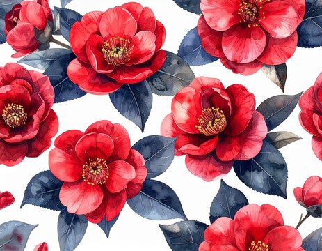 Watercolor seamless pattern of red camellia flowers and dark leaves
