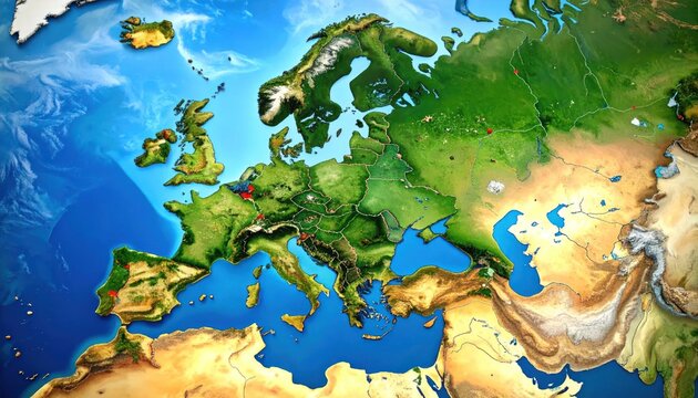 Colorful Relief Map Showing Europe and Western Asia with Seas and Terrain