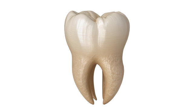 Human molar tooth with two roots, enamel and dentin visible