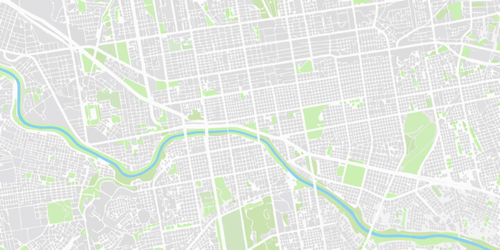 City map illustration with winding rivers and green spaces vector graphic