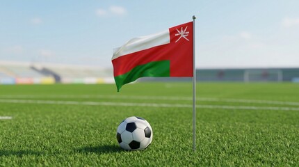 Naklejka premium A soccer ball beside the Omani flag on a green field under blue sky, symbolizing national pride, unity, and passion for football in cultural sports imagery.