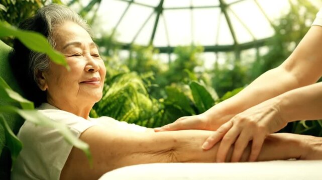 Senior Asian Woman Enjoying a Gentle Arm Massage in a Sunlit Green Garden Room for Elderly Wellness and Holistic Care