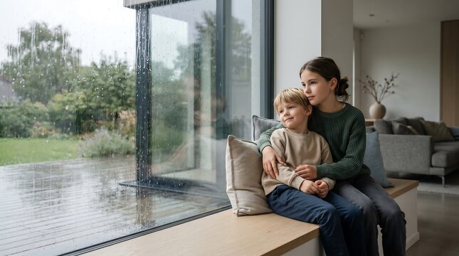 Two siblings sitting on a windowsill watching rain outside