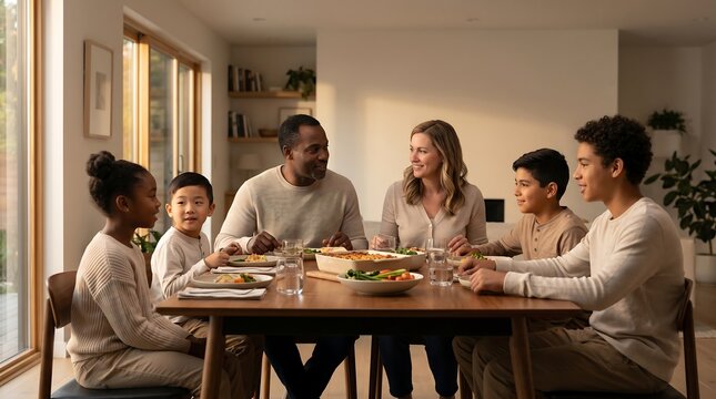 Diverse family sharing dinner together at home