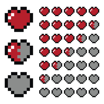 Pixel Art Heart Health Bar Set Retro 8 Bit Game Life Icons Collection