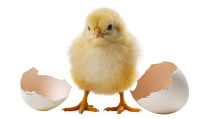 Fluffy yellow chick standing with broken eggshells © Isabel