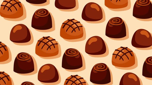 Elegant chocolate candy pattern featuring assorted pralines, truffles, and gourmet sweets arranged in a seamless layout. Perfect for confectionery promotions, packaging, bakery branding