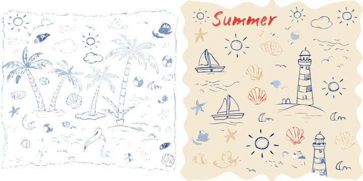 Summer themed hand drawn sketch collection with shells palms and lighthouse
