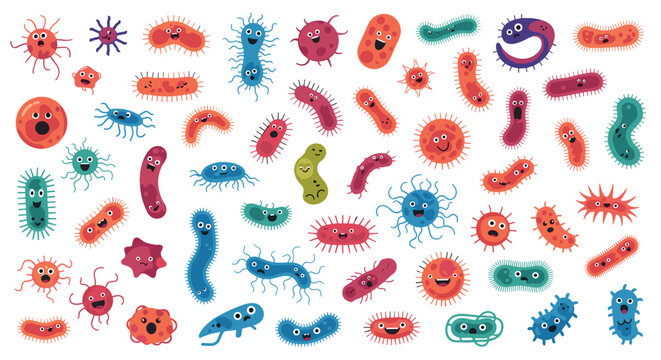 Large set of colorful and expressive cartoon microorganisms including bacteria, viruses, and germs with diverse characters.