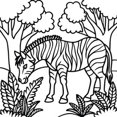 Obraz premium African Zebra Grazing in Natural Savannah Grassland Line Art Coloring Page Vector Illustration for Kids Activity Book