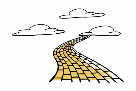 A winding yellow brick road illustration leads to cloudy skies in a simple vector graphic design