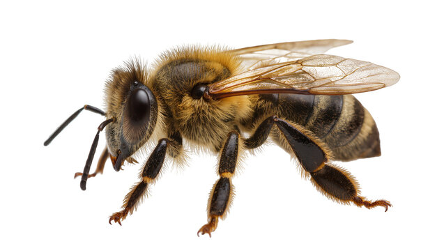 Honey bee with detailed wings and fuzzy body on white