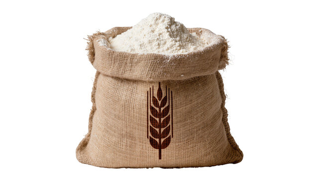 Burlap sack filled with white flour and wheat symbol