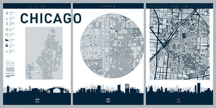 Chicago City Skyline And Map Set Minimalist Vector Illustration