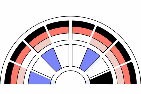 Colorful vector semicircle chart with black, red, blue, and white sections for data visualization and graphic design purposes effectively