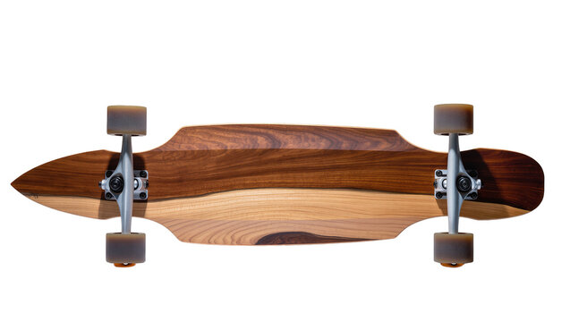 Wooden longboard skateboard with metal trucks and grey wheels