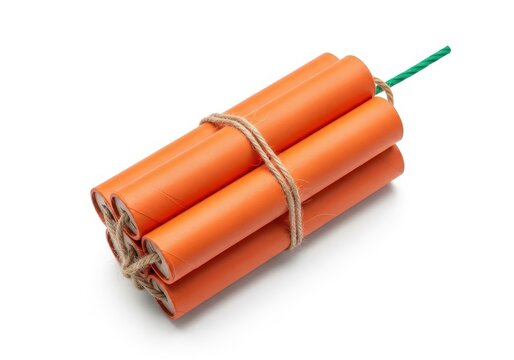 A bundle of dynamite sticks with a green fuse, tied together with twine, isolated on white background