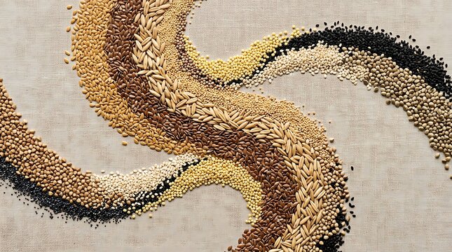 Abstract swirl pattern made of various organic grain seeds.