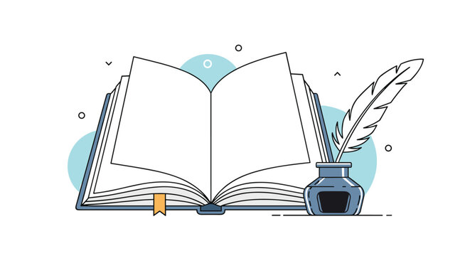 Artistic flat line illustration featuring an open empty book with a quill pen in an inkwell against a soft blue backdrop.