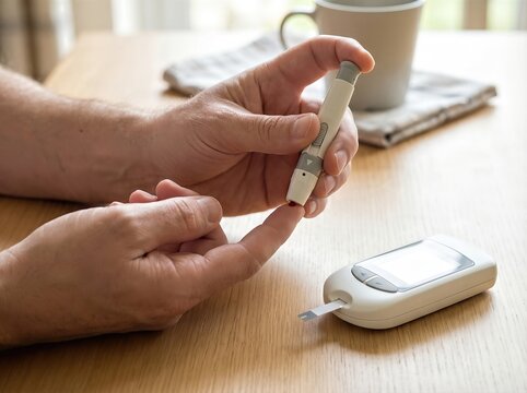 Diabetes fingertip glucose test with lancet and glucose meter shows daily monitoring self care routine metabolic control and chronic disease management concept for medical stock use