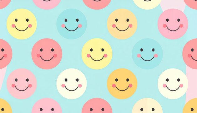 Colorful Smiling Face Pattern Repeating on Soft Turquoise Background