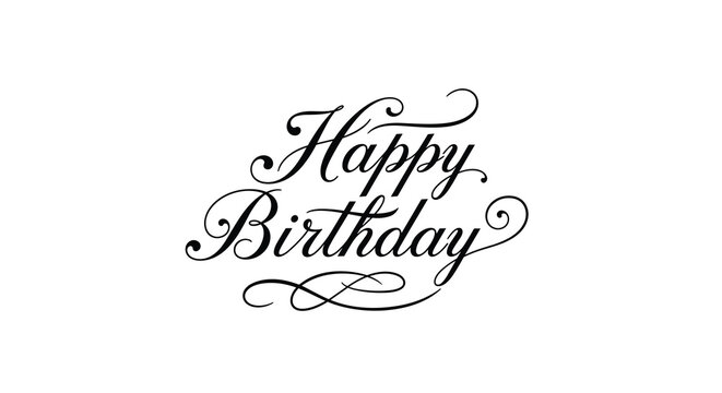 Beautiful cursive calligraphy Happy Birthday text with elegant swirls and flourishes isolated on a white background.