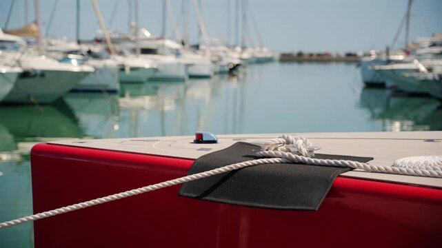 Red yacht tied with white rope at luxury marina harbor