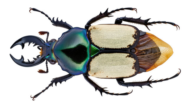 Goliath beetle with iridescent blue-green carapace and cream elytra