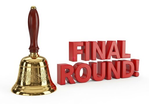 A shiny gold hand bell next to the text final round in bold red letters, isolated on white background