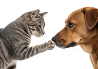 Naklejka premium A grey tabby cat gently touching the nose of a brown dog with its paw, isolated on white background