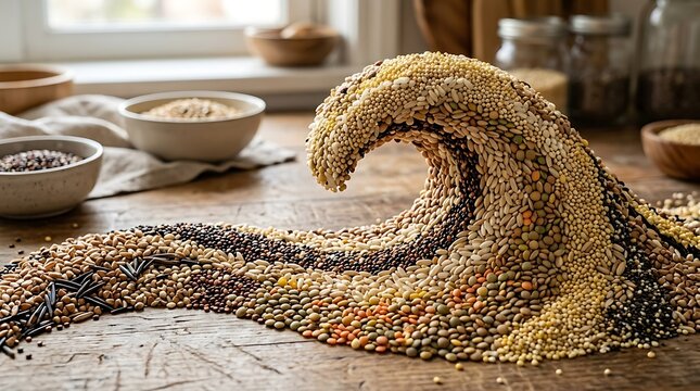 Dynamic cresting wave sculpture formed from organic grains.