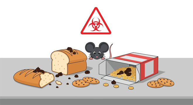 Cartoon mouse contaminating food with biohazard warning sign