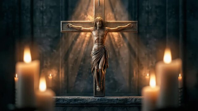 Ancient Bronze Crucifix on Stone Altar with Candlelight Shadows Catholic Church