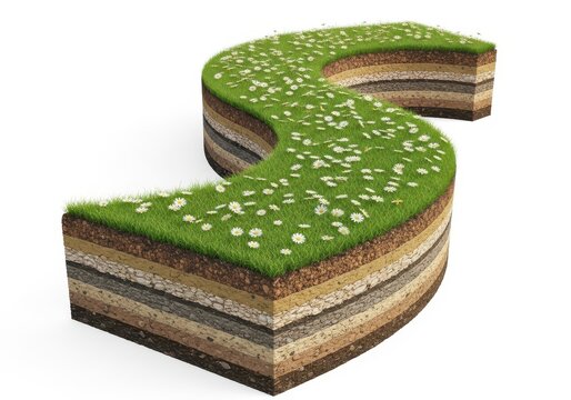 Cross section of soil layers with green grass and daisies on top, isolated on white background