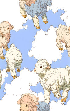 羊と雲のシームレスパターン かわいい手描きイラスト背景素材