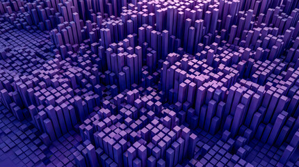 Fototapeta premium 3D extruded purple indigo pixel column grid voxel, dramatic tech background