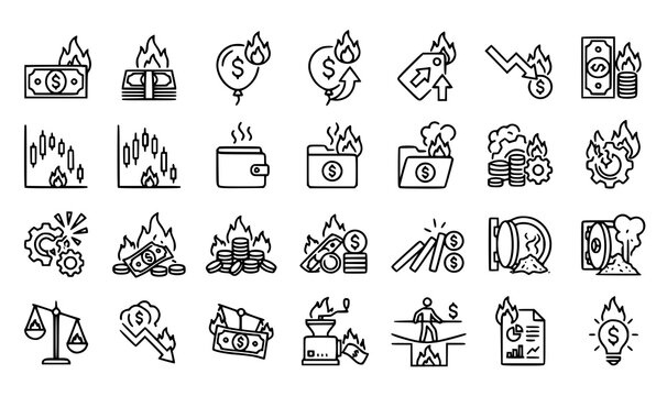 Financial crisis icon set recession bankruptcy and economic downturn concepts