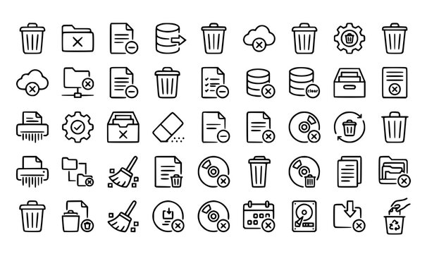 Data destruction and file management icons set black and white