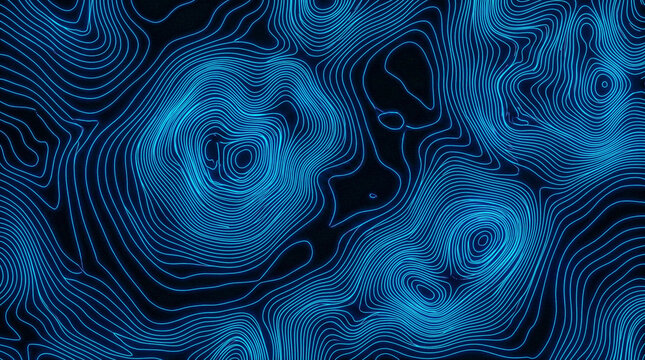 Neon blue topographic contour lines on black, big data analytics tech background