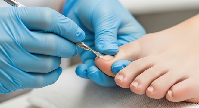 Pedicure technician pushing back toenail cuticles in nitrile gloves shows hygienic salon procedure, precise foot grooming and professional nail preparation treatment.