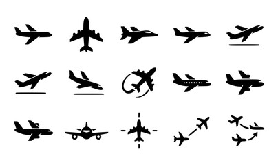 Fototapeta premium Collection of black silhouette airplane icons and symbols for aviation design