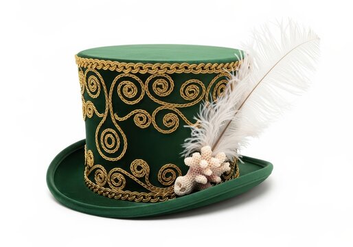 Fancy green top hat with gold embroidery, white feather, and coral decoration isolated on white background