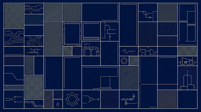 Blueprint bento grid navy technical lines crosshatch, industrial engineering background